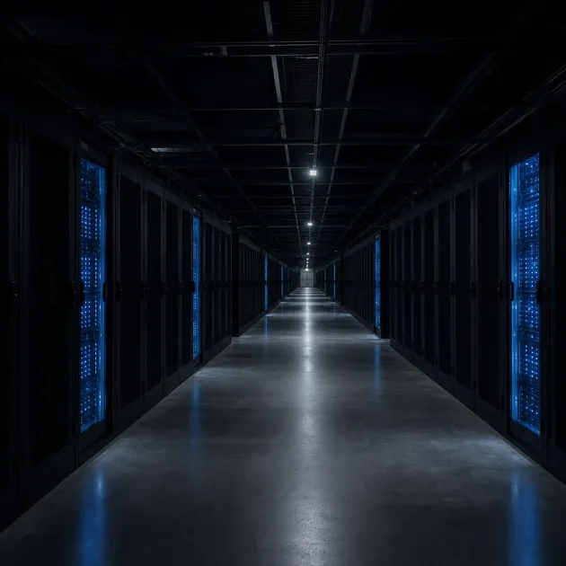 A vast data centre corridor in near-darkness, most server racks dormant and unlit, with a sparse few glowing cold electric blue and 37 billion of 671 billion parameters active