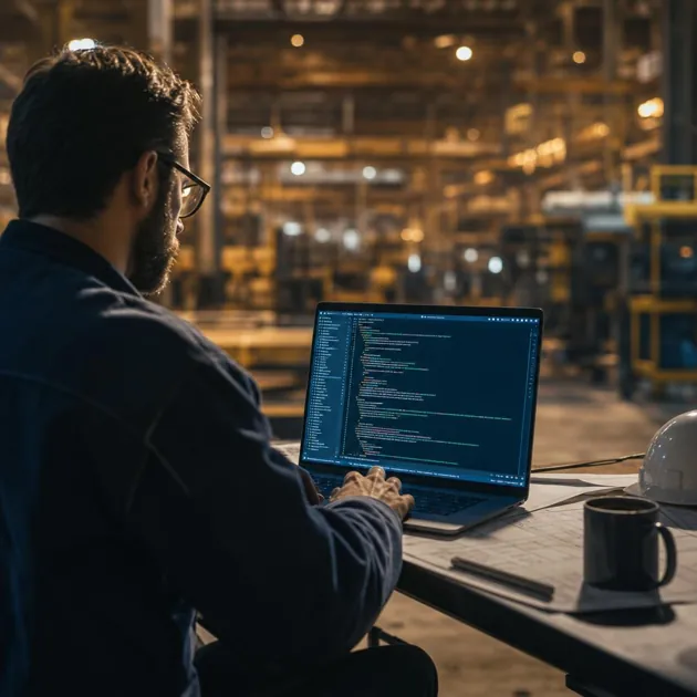 A lone engineer at a workstation inside an industrial operations floor, laptop glowing with code, factory machinery blurred warm amber behind, embedded rather than consulting from a distance