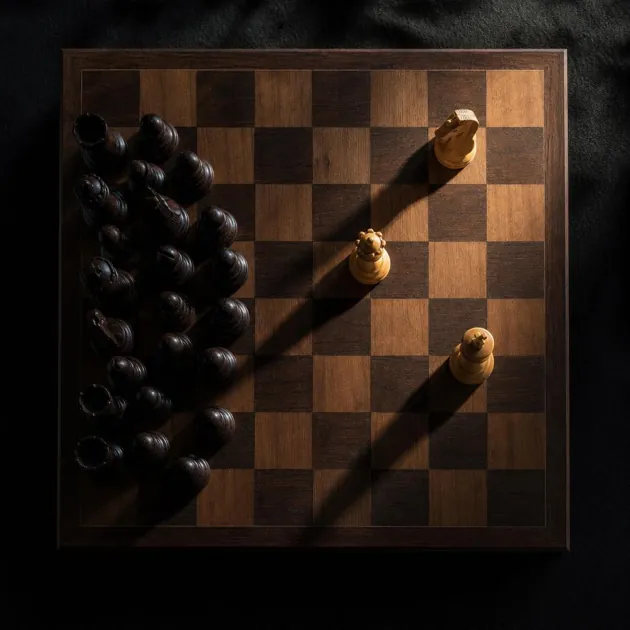 Overhead chess board in a late endgame, a massed army on one side and three precise pieces on the other in a winning position, economy of thought over brute force