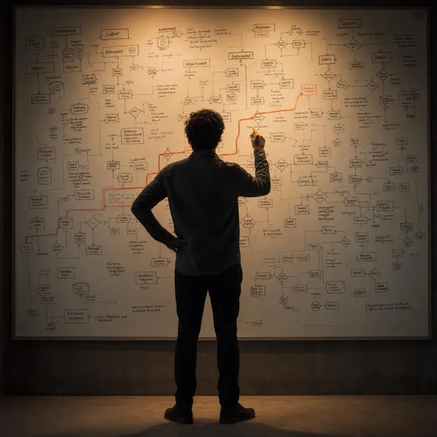 A person with back to camera facing a large whiteboard dense with process flows and decision nodes, one path traced in a different colour, the moment of seeing the right question