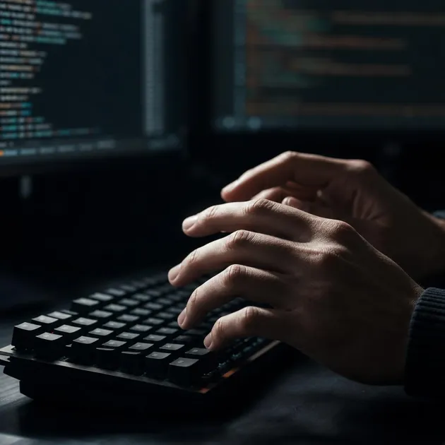 Extreme close-up of an engineer's hands above a mechanical keyboard in a dark studio, code visible on monitors behind, showing craft and deliberate thinking rather than typing