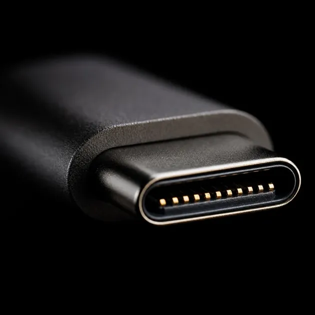 Extreme macro of a USB-C connector against pure black, raking side-light catching each gold contact pin, the singular standard that ends fragmentation
